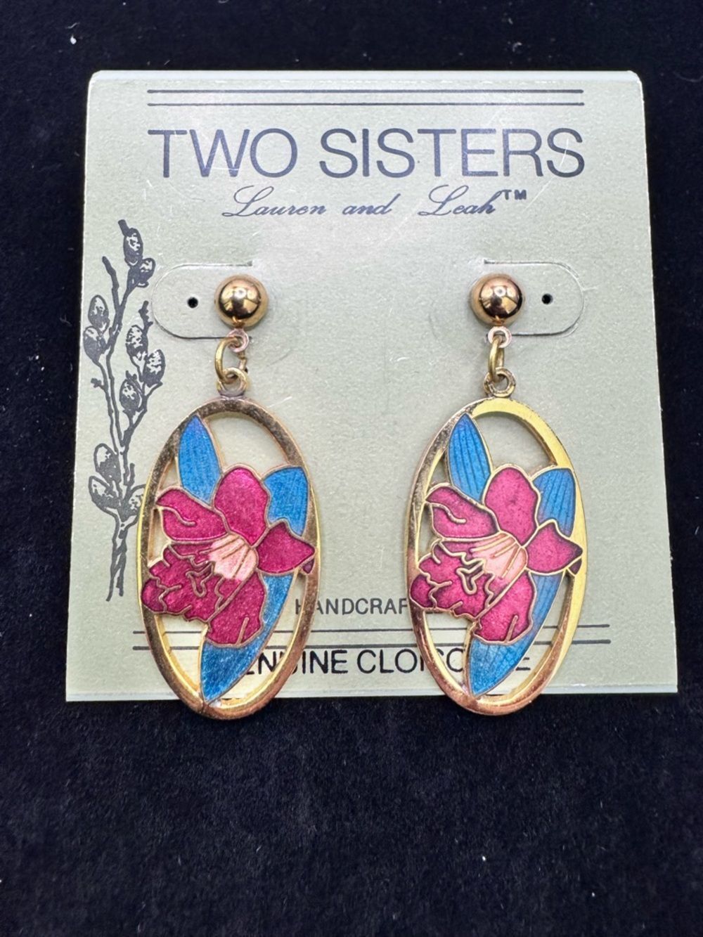 Vintage Pierced NOS Genuine Cloisonné Floral Pierced Earrings Two Sisters